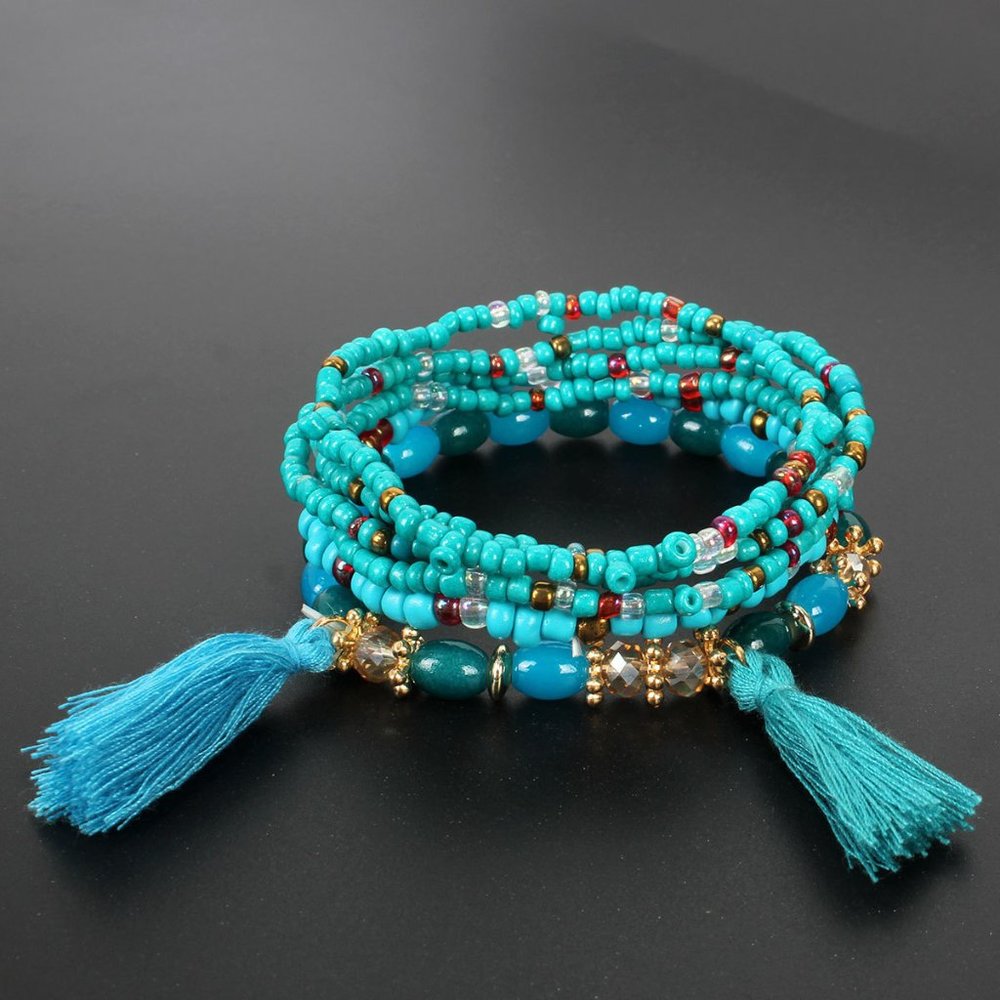Multilayer Rice Beads Tassel Bracelet Turquoise